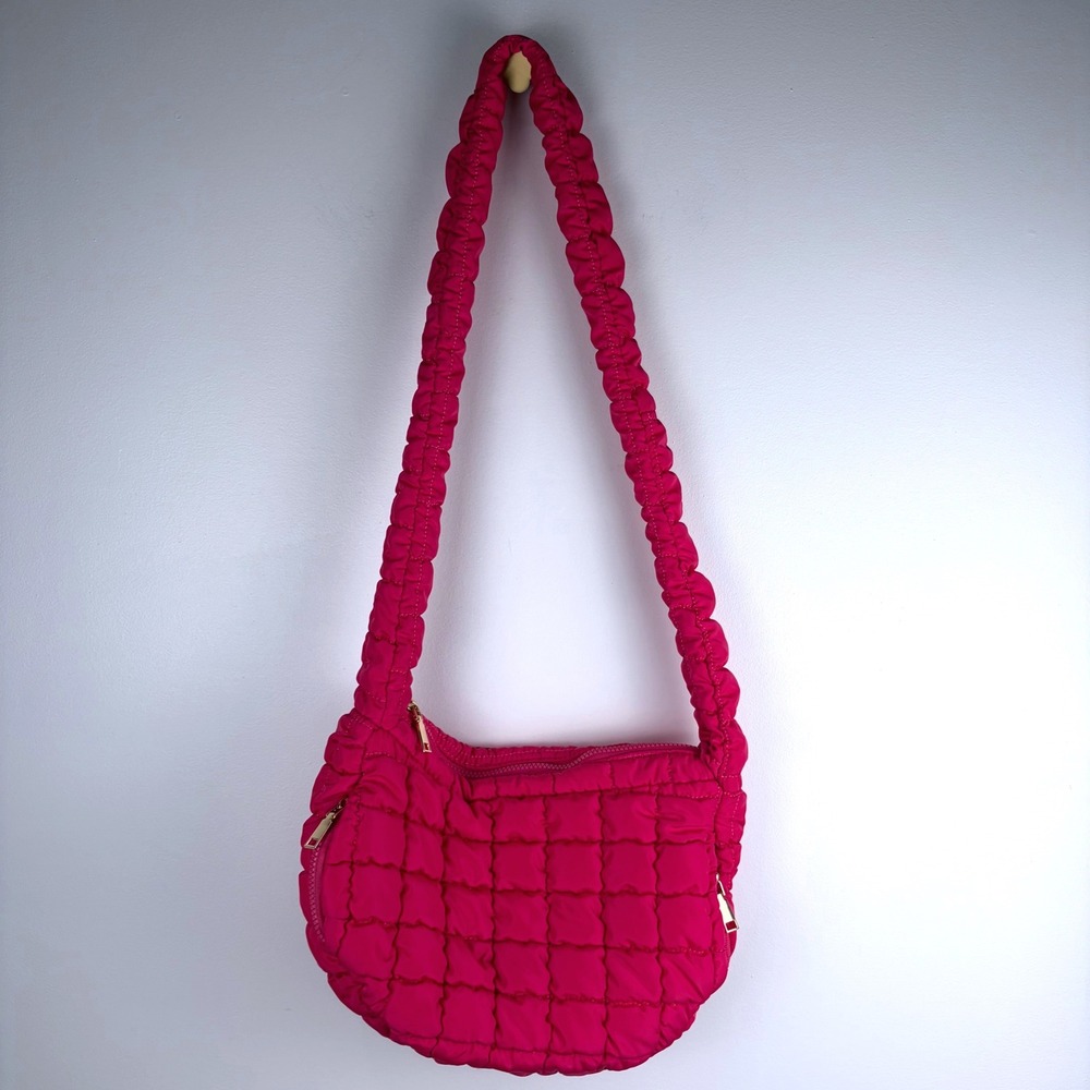 Urban Expressions Pink Quilted Nylon Scrunchie Strap Shoulder Bag Gold Hardware